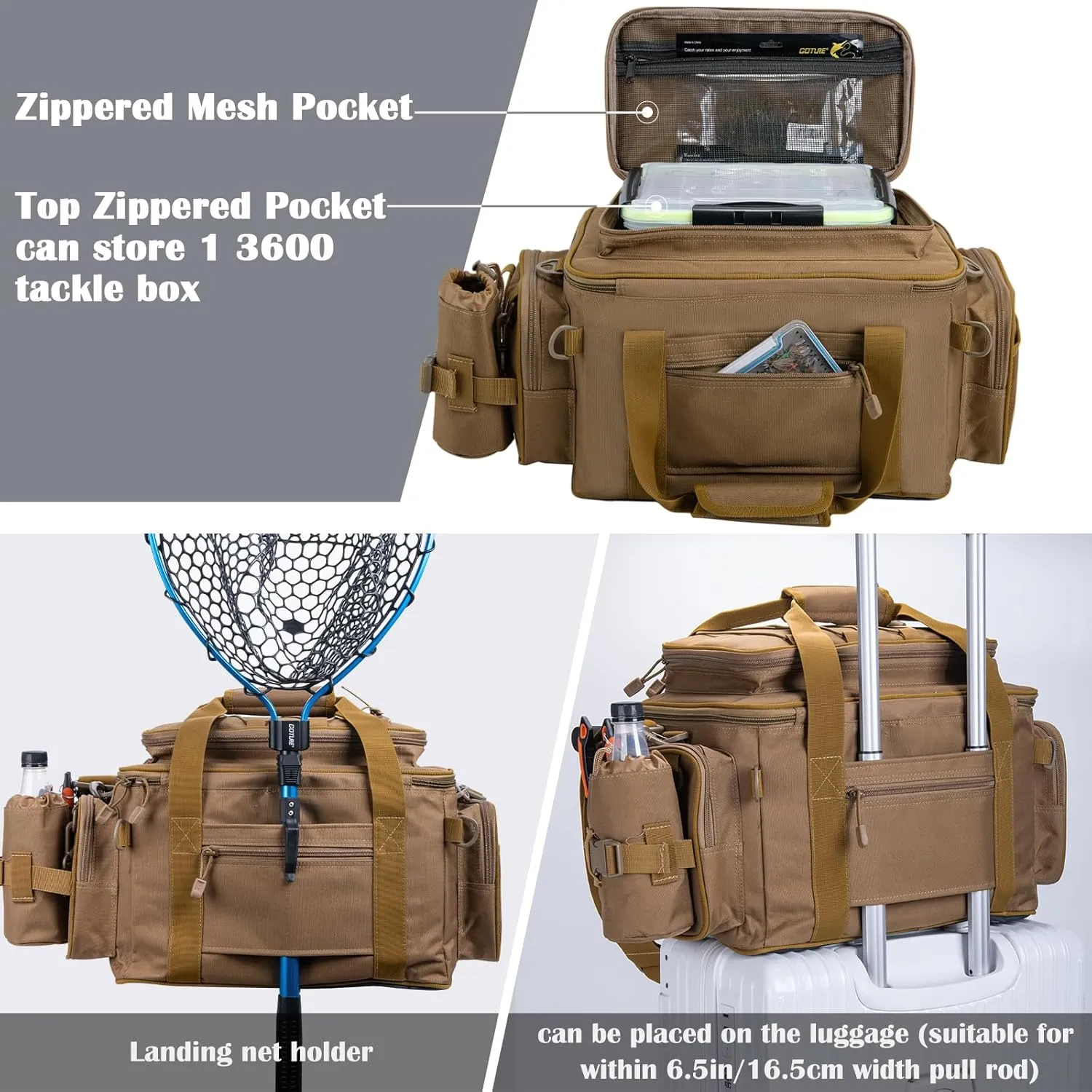 Goture Fishing Tackle Bag, Store Up to 4PCS 3700 Plus 2PCS 3600 Tackle Trays, 600D Soft Side Water-Resistant Gear Storage Fishing Bag with Rod Straps, Detachable Water Bottle Pouch, Waterproof Bottom