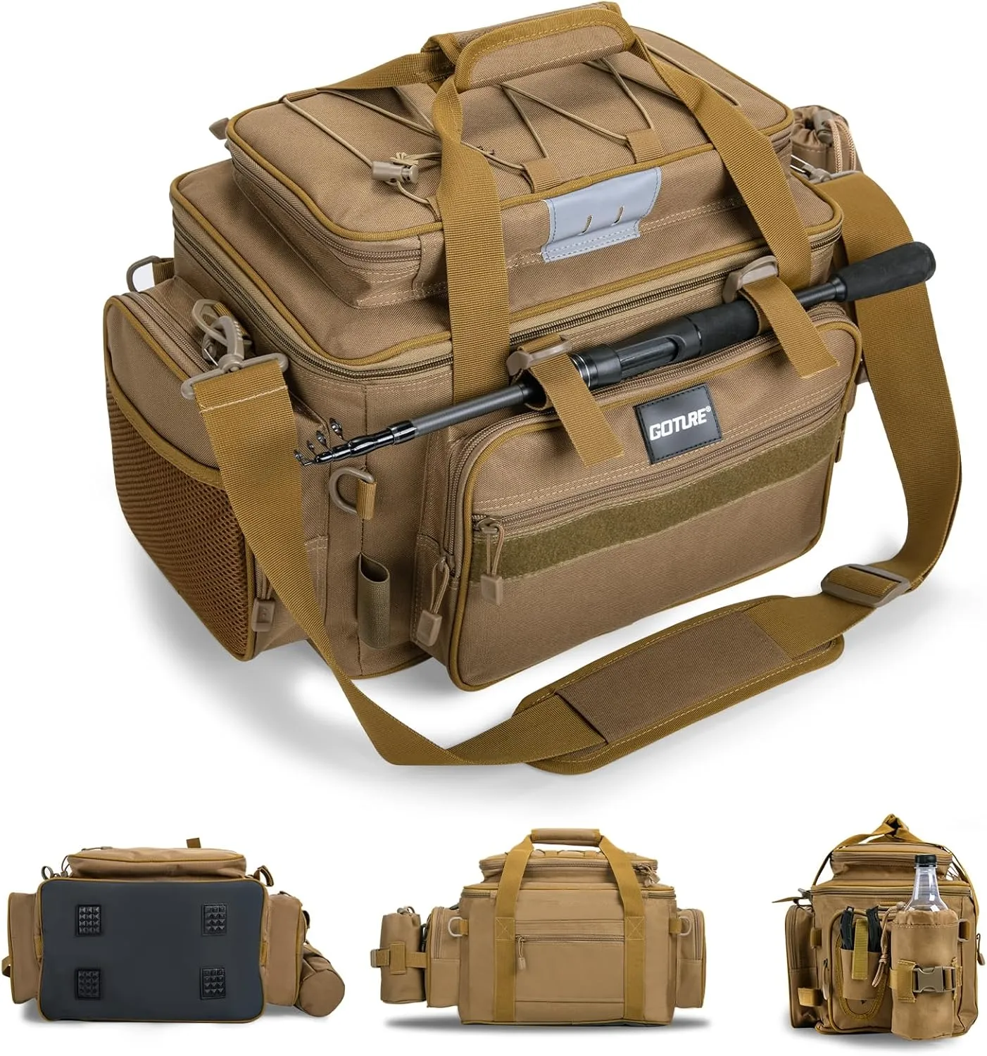 Goture Fishing Tackle Bag, Store Up to 4PCS 3700 Plus 2PCS 3600 Tackle Trays, 600D Soft Side Water-Resistant Gear Storage Fishing Bag with Rod Straps, Detachable Water Bottle Pouch, Waterproof Bottom