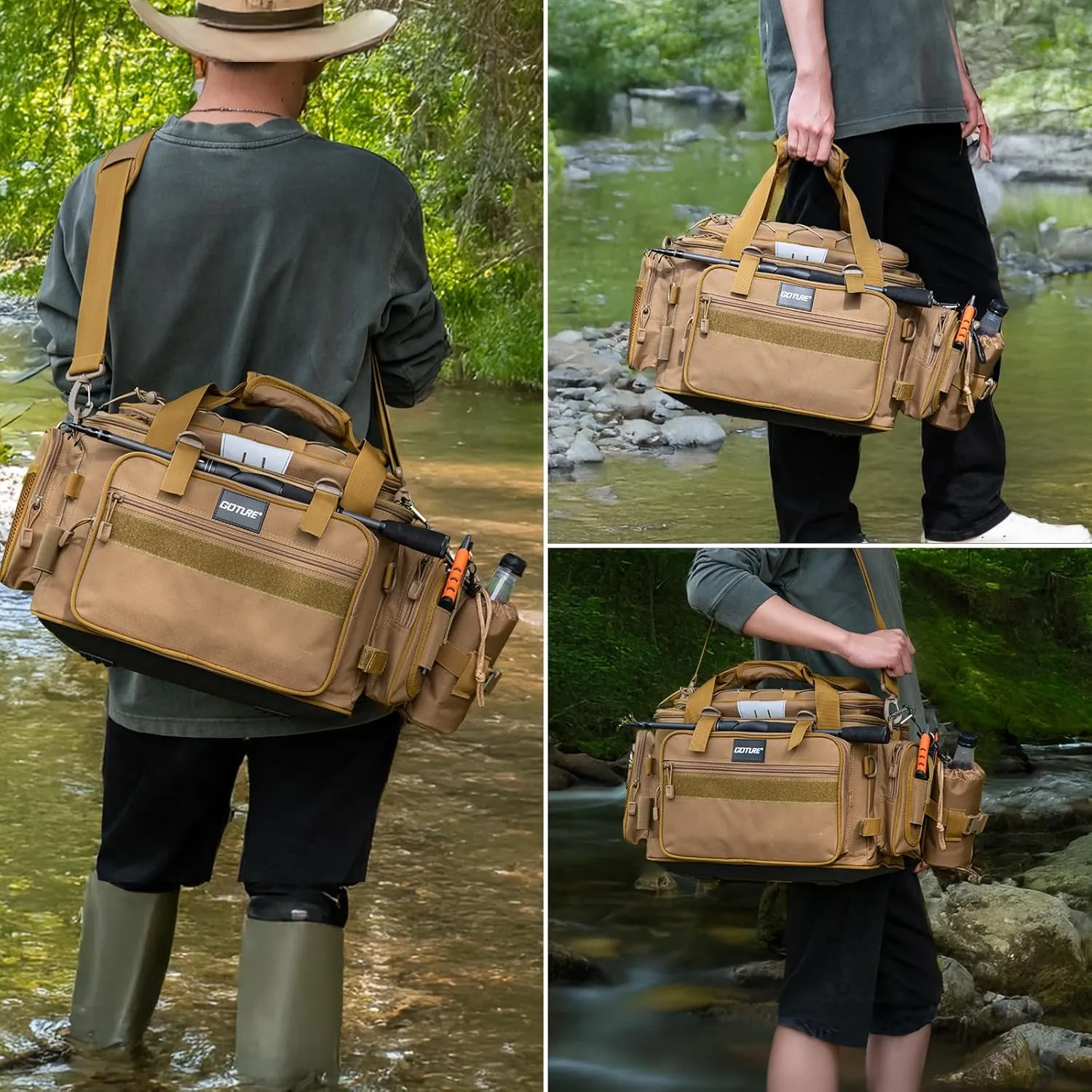 Goture Fishing Tackle Bag, Store Up to 4PCS 3700 Plus 2PCS 3600 Tackle Trays, 600D Soft Side Water-Resistant Gear Storage Fishing Bag with Rod Straps, Detachable Water Bottle Pouch, Waterproof Bottom