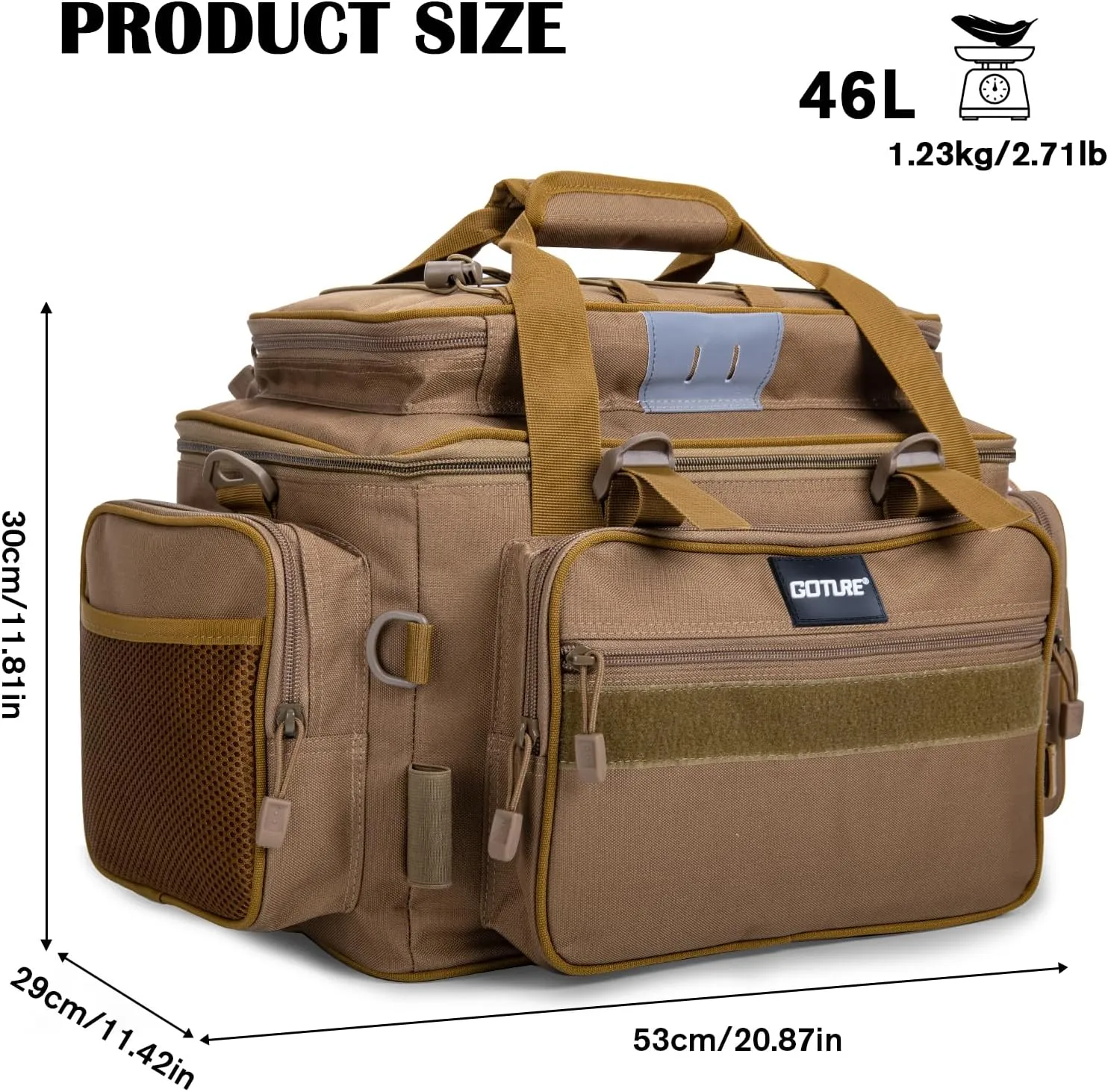 Goture Fishing Tackle Bag, Store Up to 4PCS 3700 Plus 2PCS 3600 Tackle Trays, 600D Soft Side Water-Resistant Gear Storage Fishing Bag with Rod Straps, Detachable Water Bottle Pouch, Waterproof Bottom