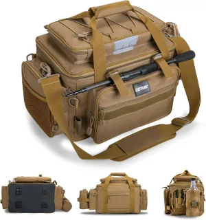 Goture Fishing Tackle Bag, Store Up to 4PCS 3700 Plus 2PCS 3600 Tackle Trays, 600D Soft Side Water-Resistant Gear Storage Fishing Bag with Rod Straps, Detachable Water Bottle Pouch, Waterproof Bottom