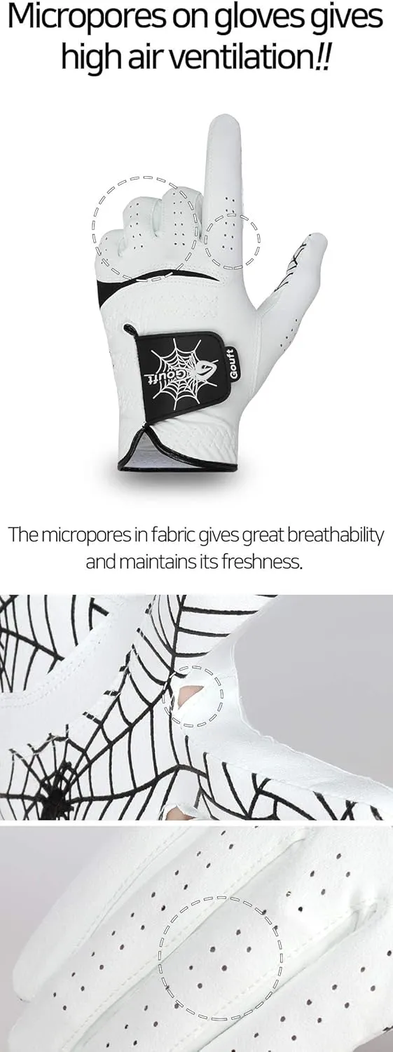 GOuft Spiderweb Golf Glove White Edition -Black :Durable Suede: All Weather Golf Glove, Good Grip, Feel Soft/Comfort, and Long Lasting: Washable Glove