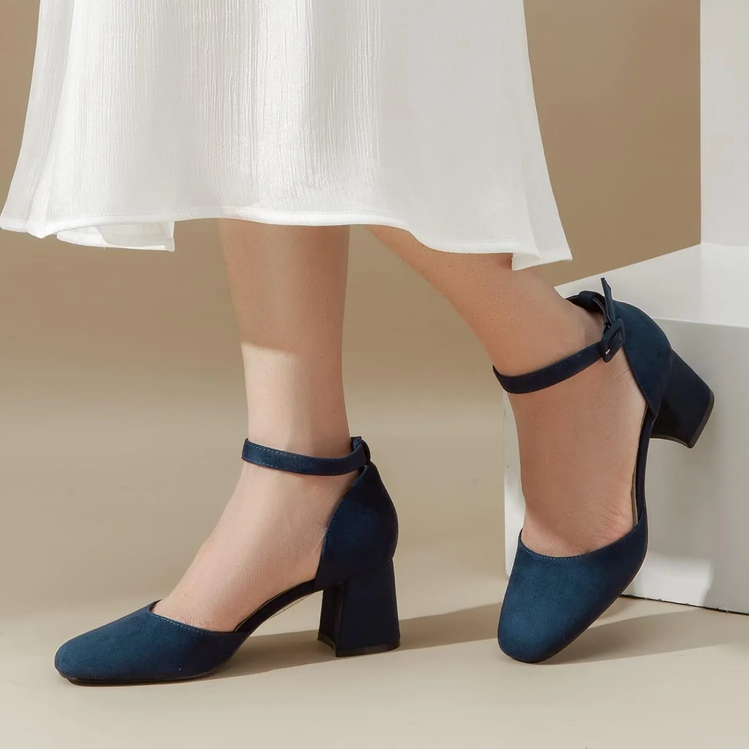 Greatonu Women's Closed Toe Ankle Strap 2.5 inch Low Block Heels Dress Wedding Party Pumps Shoes