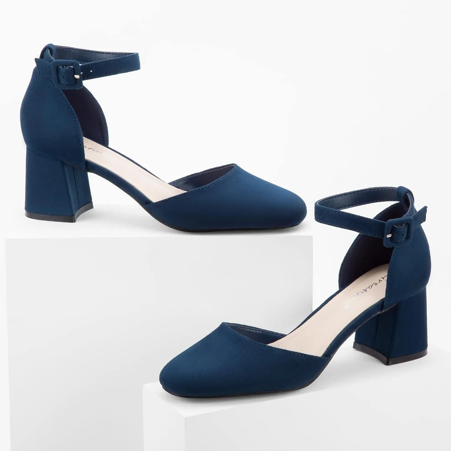 Greatonu Women's Closed Toe Ankle Strap 2.5 inch Low Block Heels Dress Wedding Party Pumps Shoes