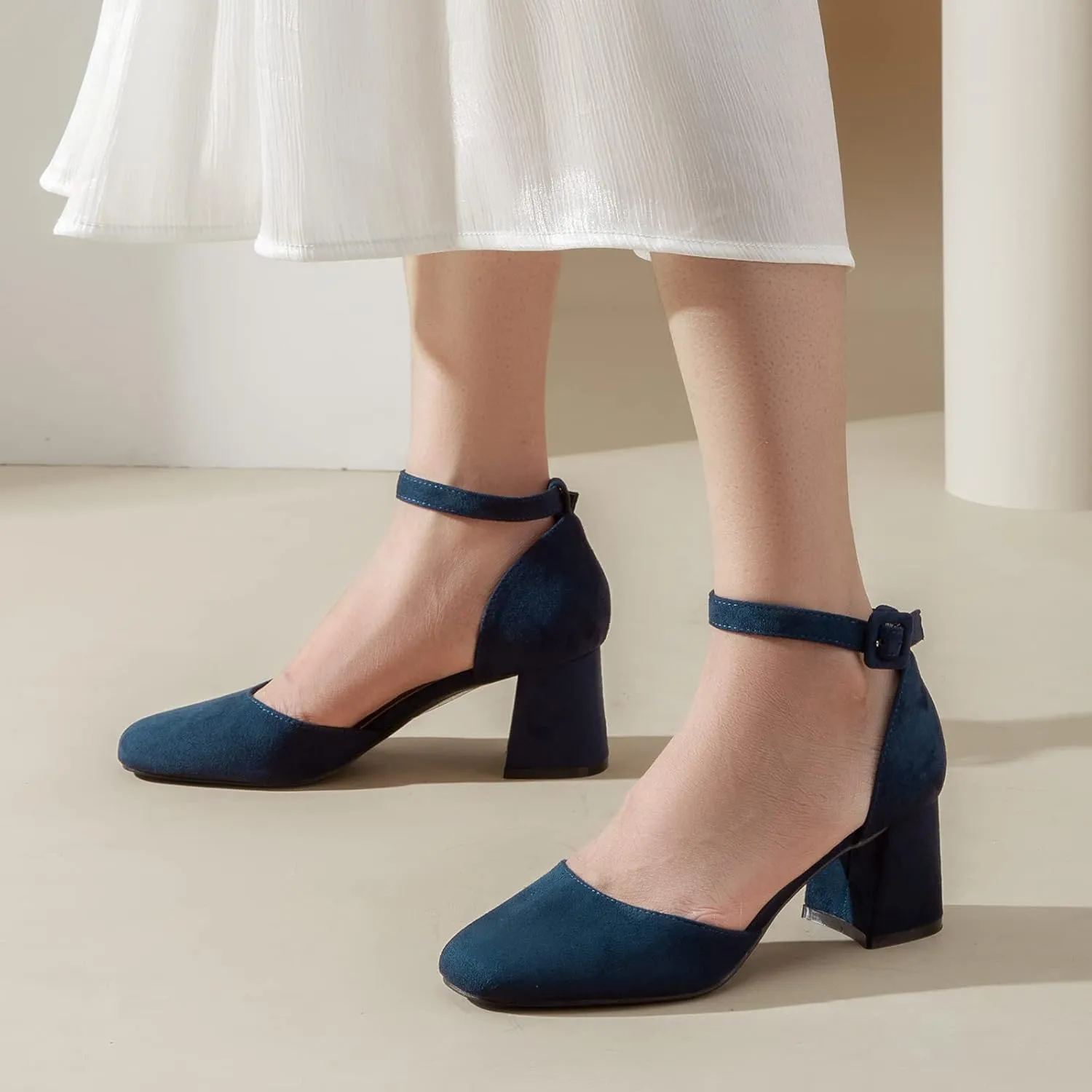 Greatonu Women's Closed Toe Ankle Strap 2.5 inch Low Block Heels Dress Wedding Party Pumps Shoes