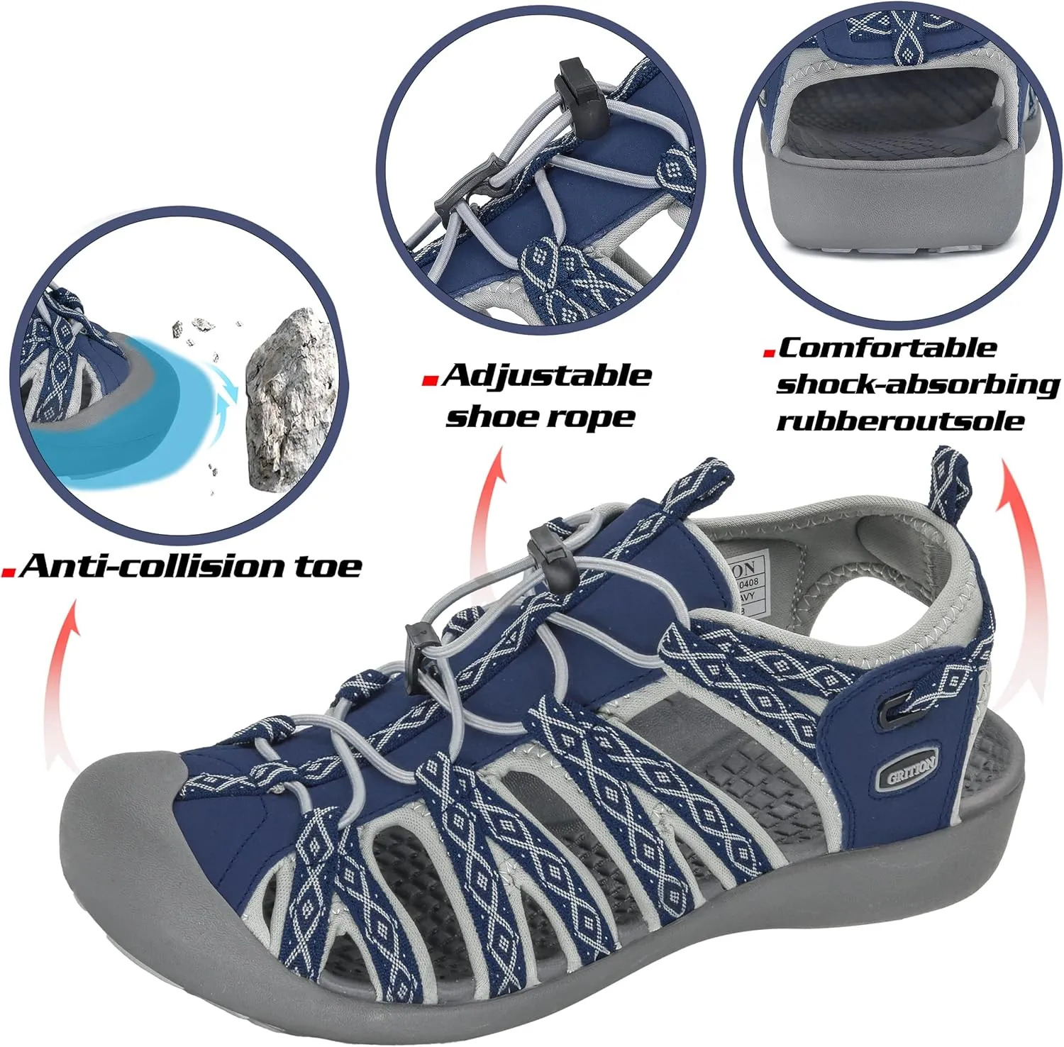 GRITION Hiking Sandals Women Closed Toe, Waterproof Lightweight Adjustable Hiking Athletic Sandals, Breathable For Beach Summer Adventure Comfortable Outdoor Sport