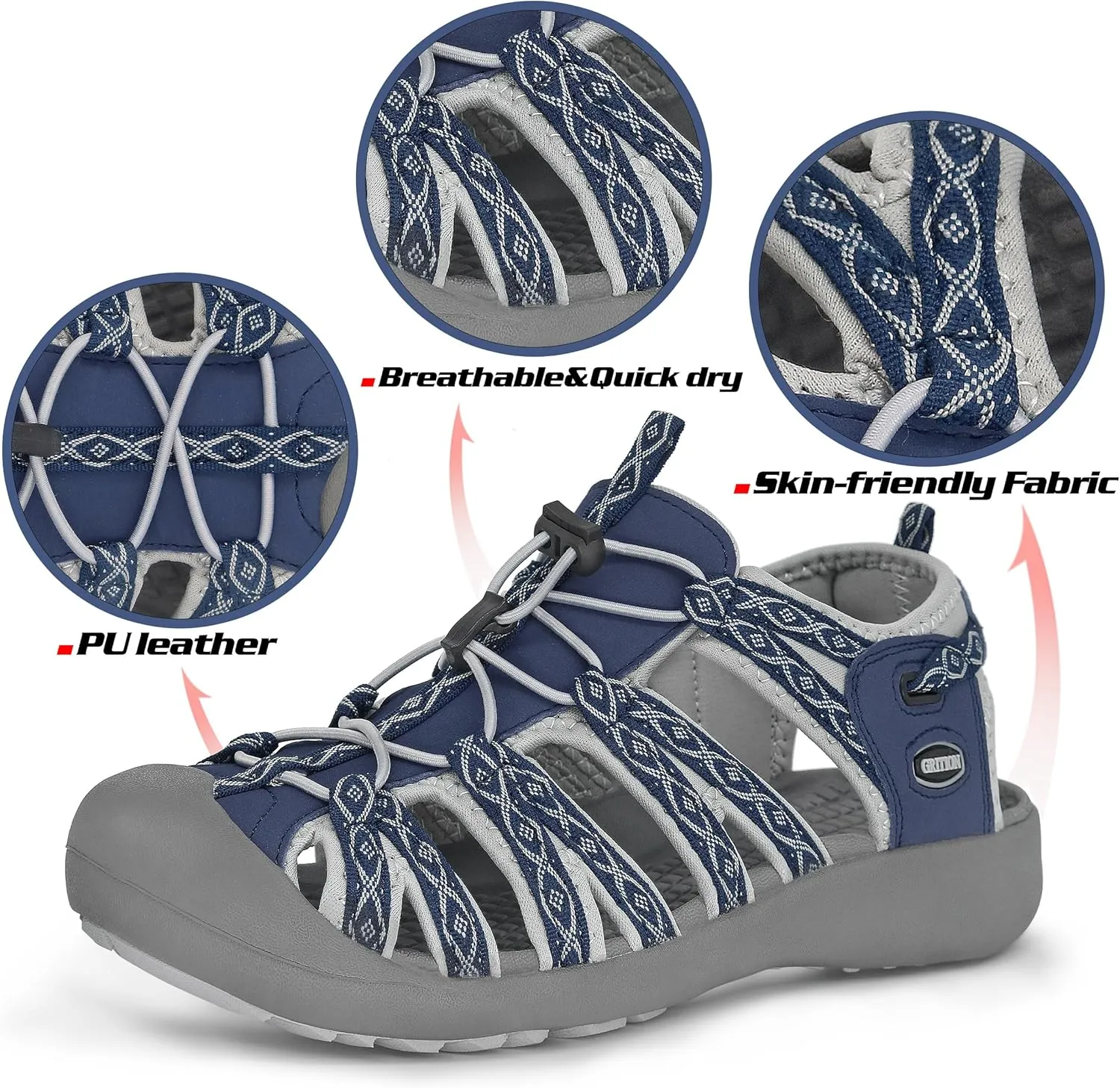 GRITION Hiking Sandals Women Closed Toe, Waterproof Lightweight Adjustable Hiking Athletic Sandals, Breathable For Beach Summer Adventure Comfortable Outdoor Sport