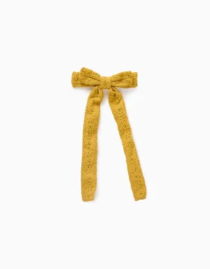 Hair Slide with Long Bow of Broderie Anglaise for Baby and Girls, Yellow