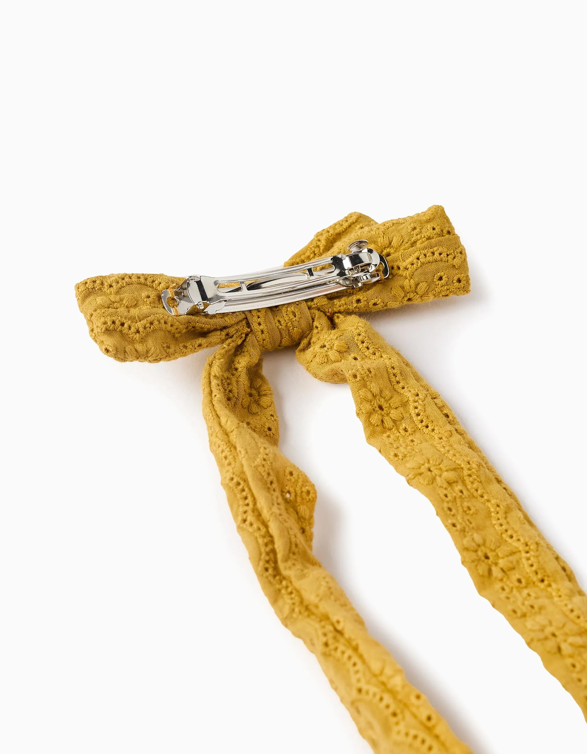 Hair Slide with Long Bow of Broderie Anglaise for Baby and Girls, Yellow