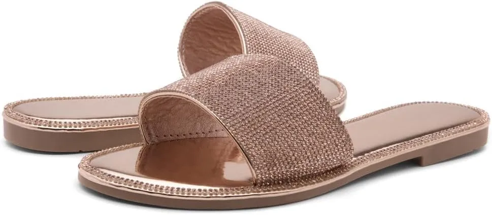 Herstyle Showstopper Women's Flat Sandals, Fashion Rhinestone Slides, Open Toe Slip-On Slippers with Cushioned Footbed, Casual Bling Sandals for Summer and Daily Wear