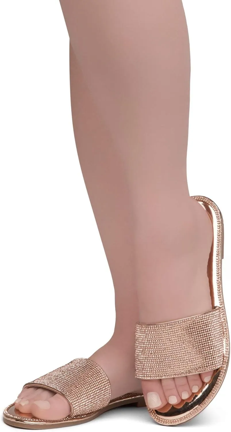 Herstyle Showstopper Women's Flat Sandals, Fashion Rhinestone Slides, Open Toe Slip-On Slippers with Cushioned Footbed, Casual Bling Sandals for Summer and Daily Wear