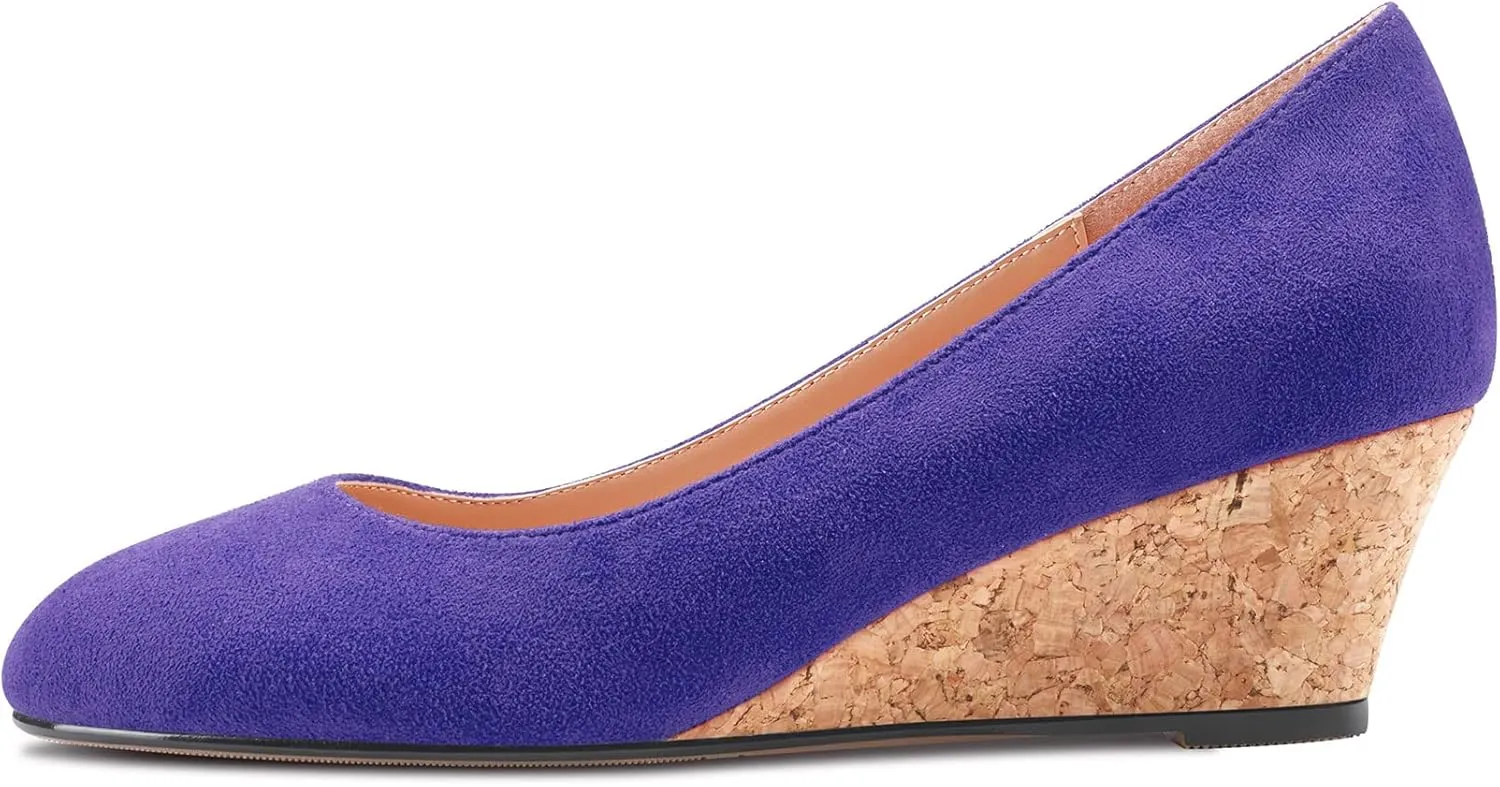 HEUIVZAR Pumps for Women Slip-on Closed Round Toe Block Chunky Wedge Low Heel Pumps Suede Shopping Vacation Classic 2 Inch