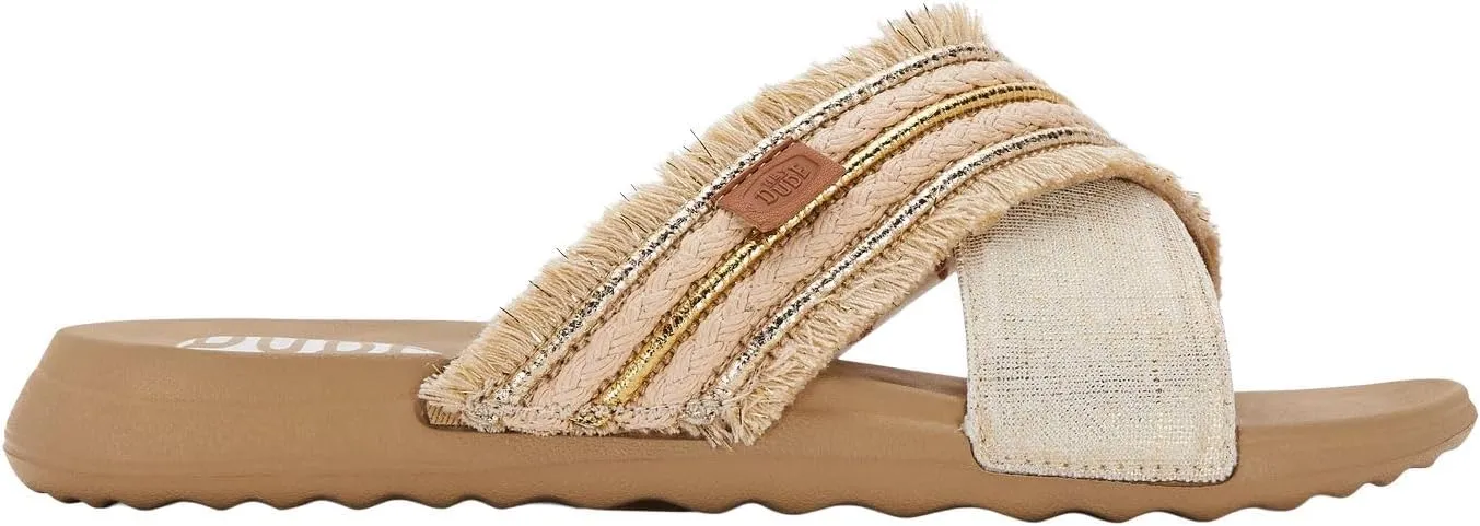 HEYDUDE Christi Slide Novelty Fringe Natural/Gold, Women’s Sandals, women's flip flops, Comfortable & Light-Weight