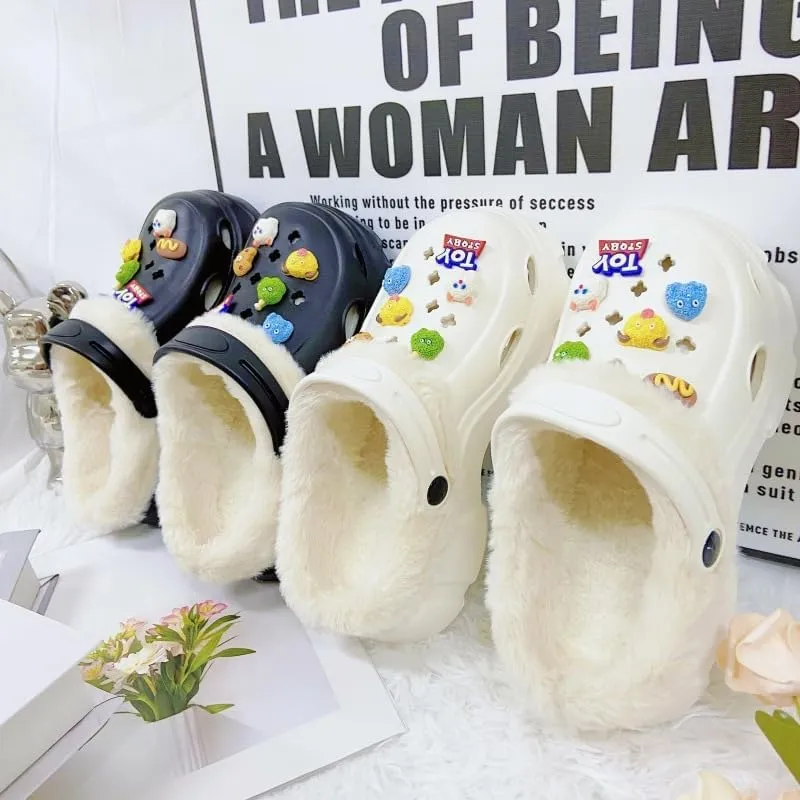 Hhhchpm Solid Color Thermal Lined Clogs, Slip On Soft Sole Platform Non-Slip Fuzzy Shoes, Winter Plush Closed Toe Shoes
