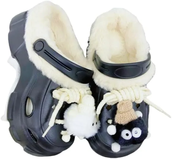 Hhhchpm Solid Color Thermal Lined Clogs, Slip On Soft Sole Platform Non-Slip Fuzzy Shoes, Winter Plush Closed Toe Shoes