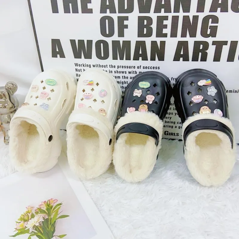 Hhhchpm Solid Color Thermal Lined Clogs, Slip On Soft Sole Platform Non-Slip Fuzzy Shoes, Winter Plush Closed Toe Shoes