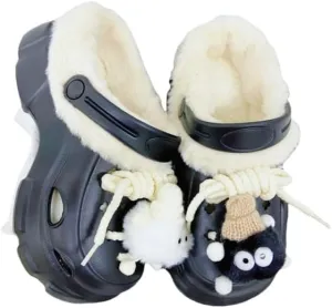 Hhhchpm Solid Color Thermal Lined Clogs, Slip On Soft Sole Platform Non-Slip Fuzzy Shoes, Winter Plush Closed Toe Shoes