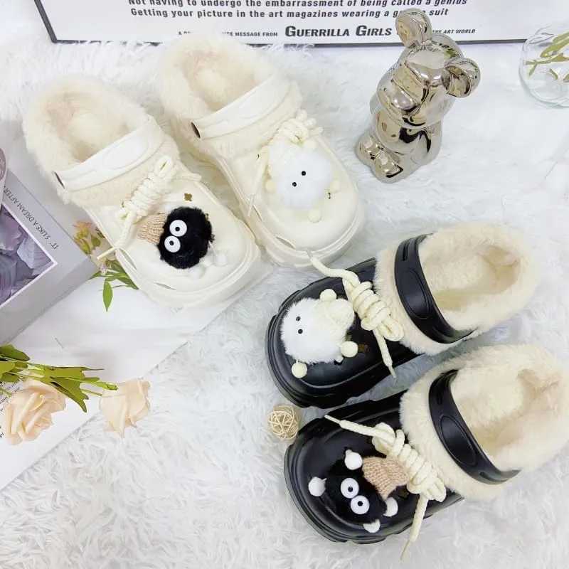 Hhhchpm Solid Color Thermal Lined Clogs, Slip On Soft Sole Platform Non-Slip Fuzzy Shoes, Winter Plush Closed Toe Shoes