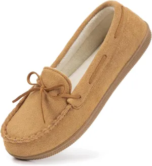 HomeTop Women's Moccasins House Slippers Indoor Outdoor Suede Faux Fur Rubber Sole Memory Foam House Shoes Sizes Breathable Microsuede Soft Home Slippers