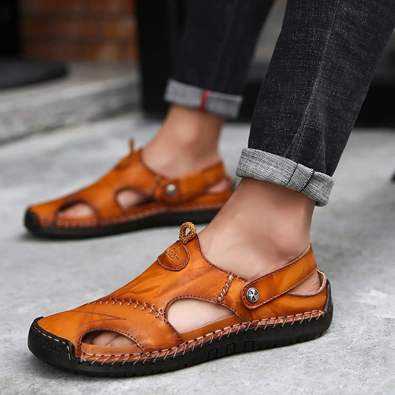 Honeystore Men's Leather Hollow Athletic Sandals Slip-on Roman Casual Shoes