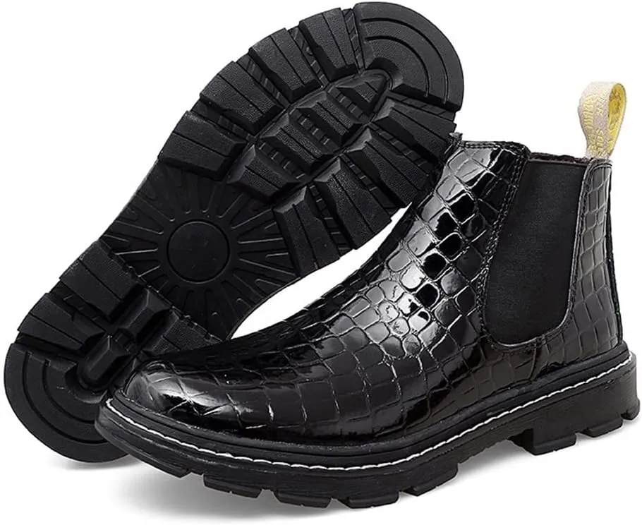HOOENG Chelsea Boots for Men Round Toe Faux Crocodile Print Leather Anti-Slip Non Slip On Classic