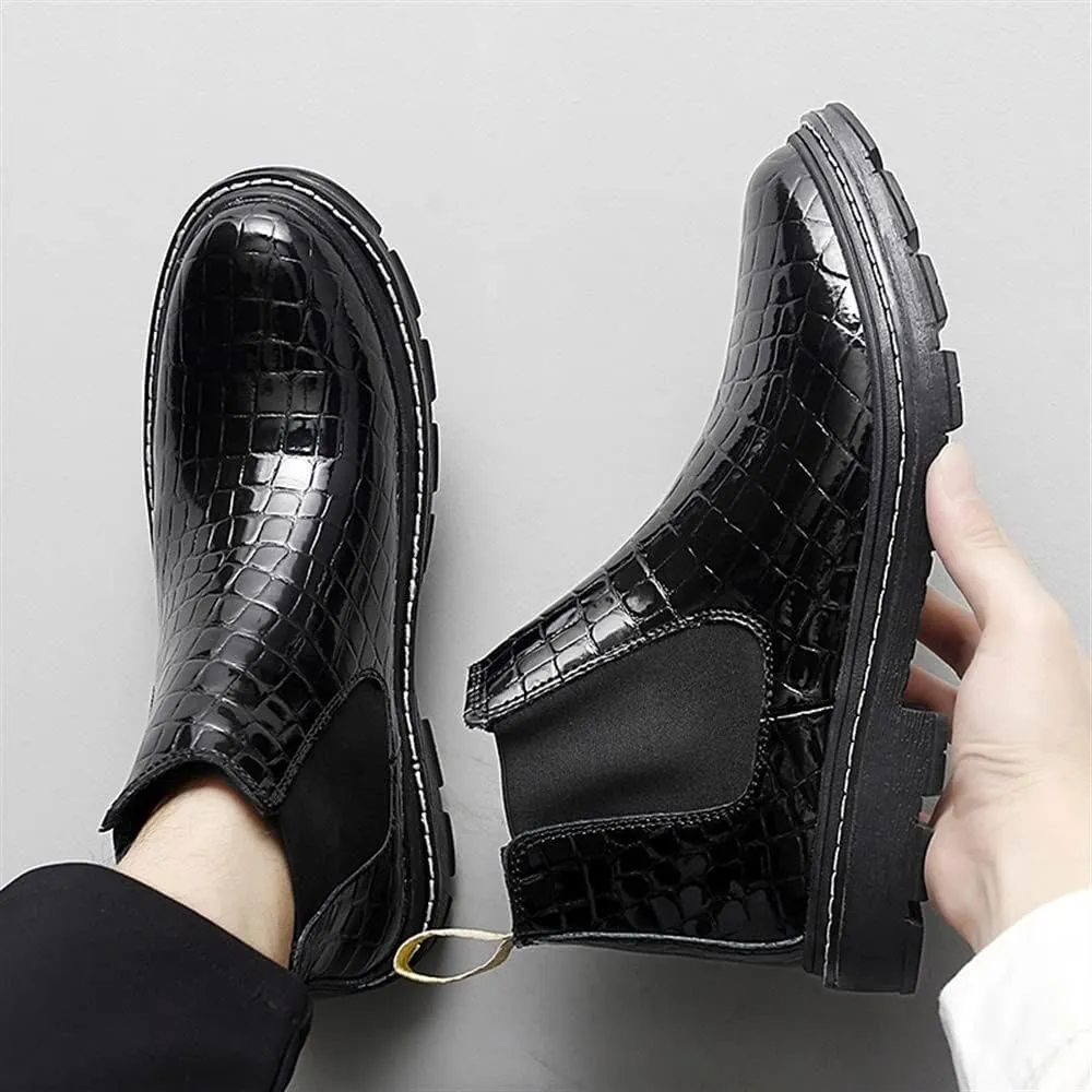 HOOENG Chelsea Boots for Men Round Toe Faux Crocodile Print Leather Anti-Slip Non Slip On Classic