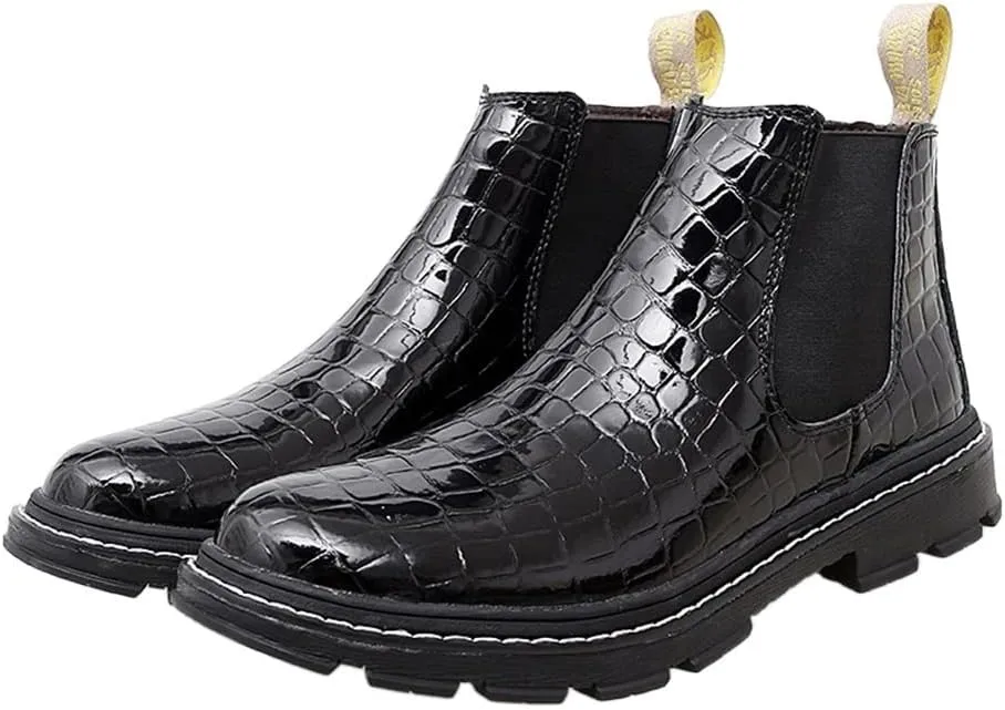 HOOENG Chelsea Boots for Men Round Toe Faux Crocodile Print Leather Anti-Slip Non Slip On Classic