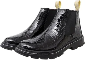 HOOENG Chelsea Boots for Men Round Toe Faux Crocodile Print Leather Anti-Slip Non Slip On Classic