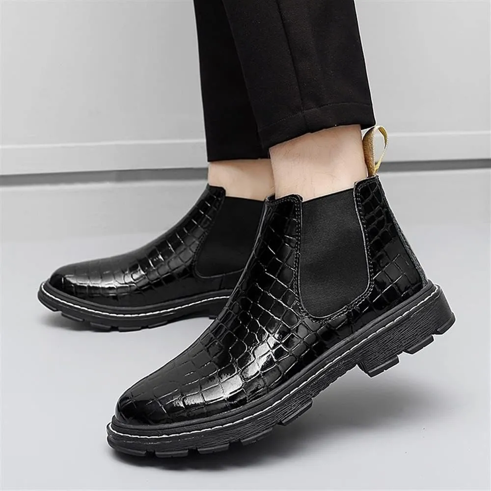 HOOENG Chelsea Boots for Men Round Toe Faux Crocodile Print Leather Anti-Slip Non Slip On Classic