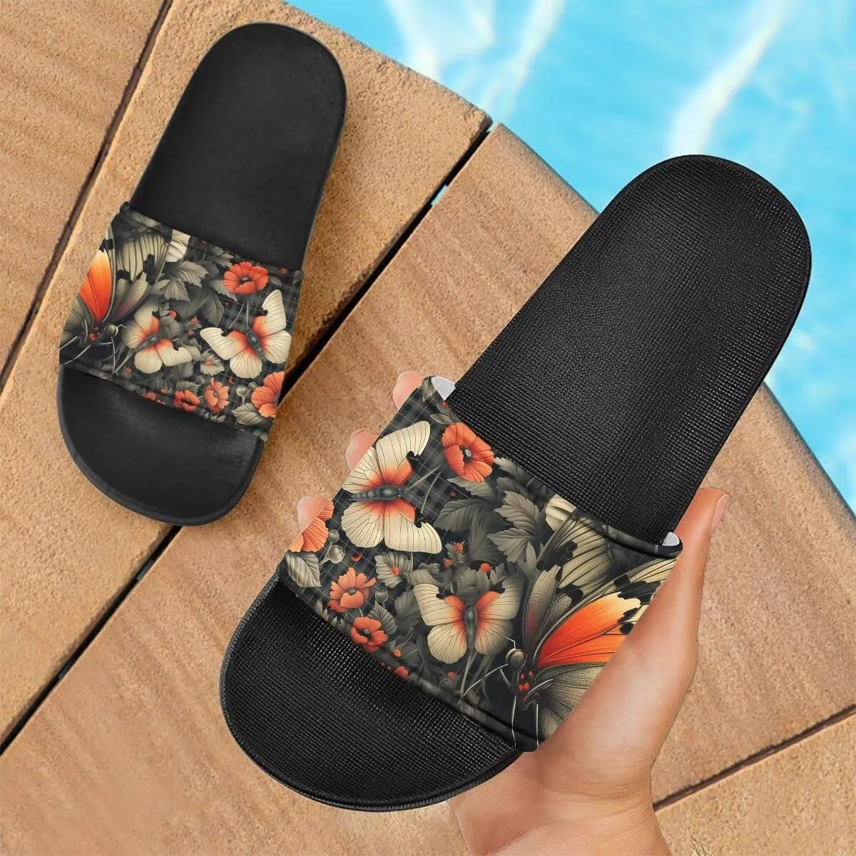 Howilath Blue Butterfly Print Summer Slide Slippers for Men Women Kid, Sunflower Colorful Tie-dye Animals House Slippers Slide Sandal Non-Slip Light Weight