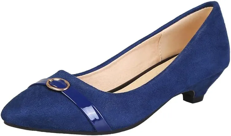 HuangTaiJi Qing Women's Classic Kitten Low Heeled Pumps Slip-on Work Shoes, Soft Faux Suede Buckle Decro Mid Heels for Office