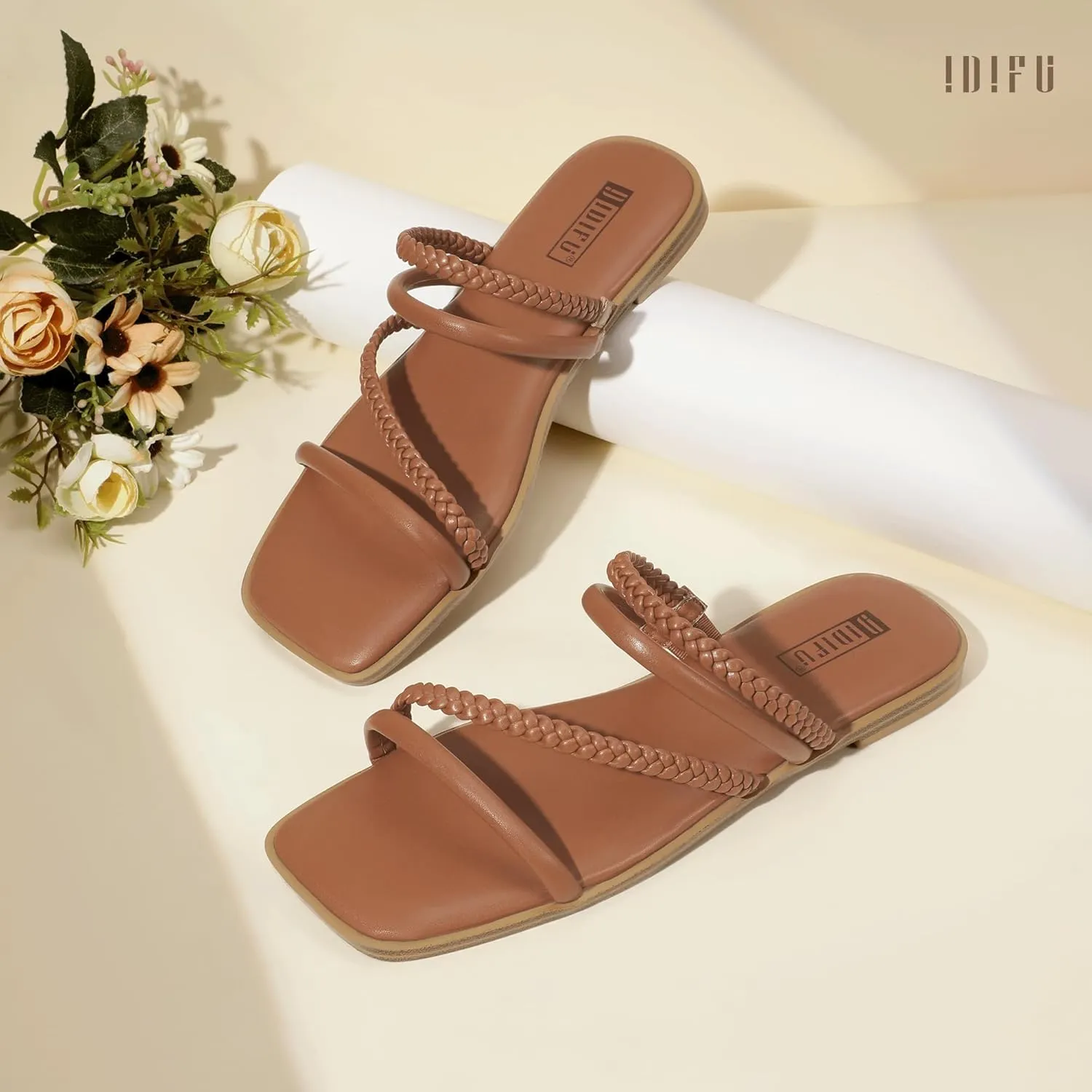 IDIFU Womens Braided Strappy Flat Sandals Square Open Toe Slide Sandals Slip On Slingback Dress Sandals Summer Beach Casual Ladies Comfortable Dressy Cute Trendy Sandals