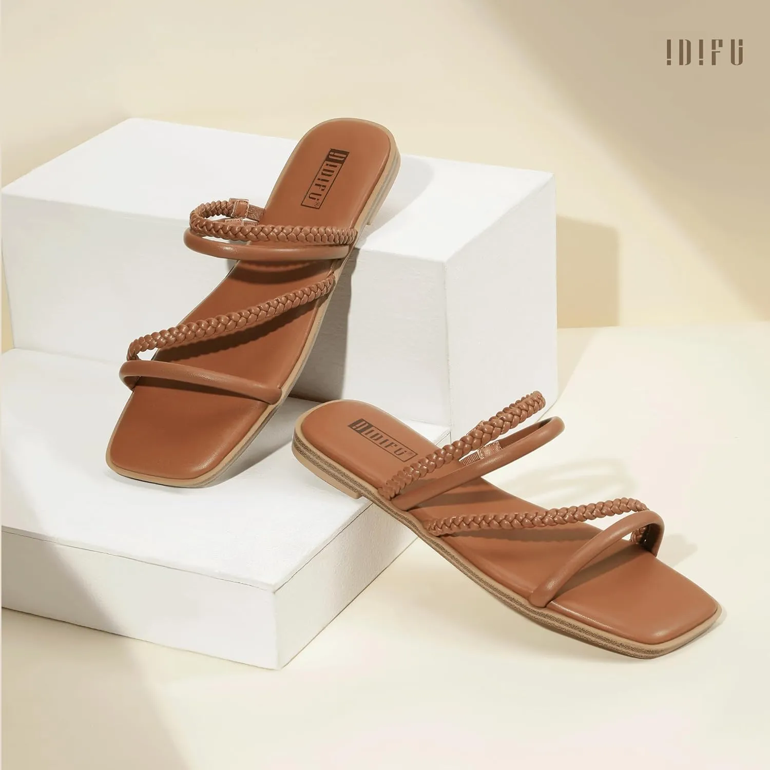 IDIFU Womens Braided Strappy Flat Sandals Square Open Toe Slide Sandals Slip On Slingback Dress Sandals Summer Beach Casual Ladies Comfortable Dressy Cute Trendy Sandals