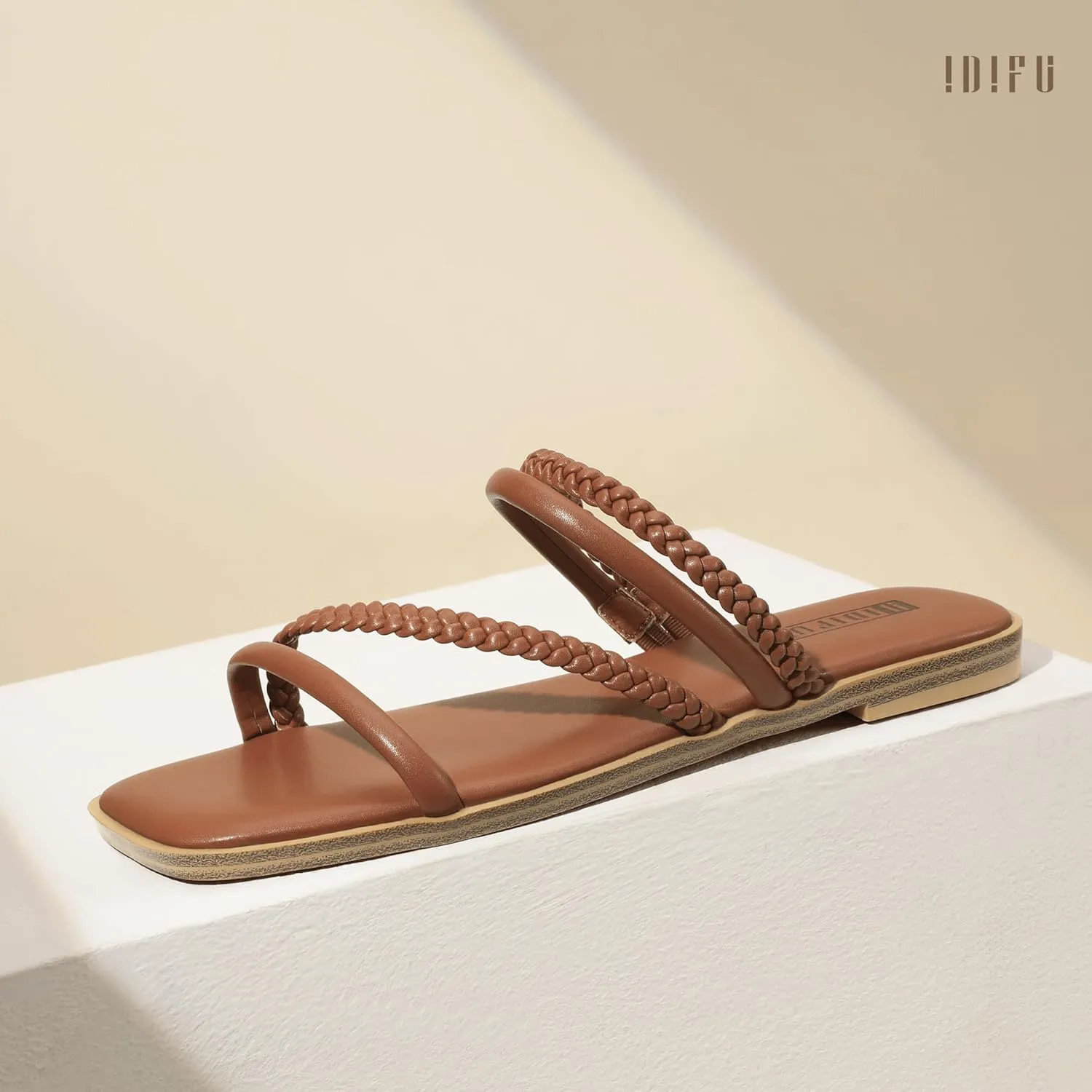 IDIFU Womens Braided Strappy Flat Sandals Square Open Toe Slide Sandals Slip On Slingback Dress Sandals Summer Beach Casual Ladies Comfortable Dressy Cute Trendy Sandals