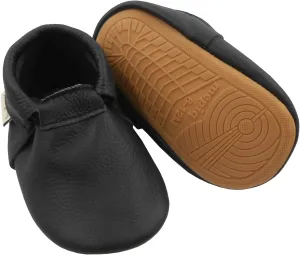 Infant Baby Moccasins with Rubber Sole - Soft Leather Anti Slip Crib Walking Baby Shoes Brown