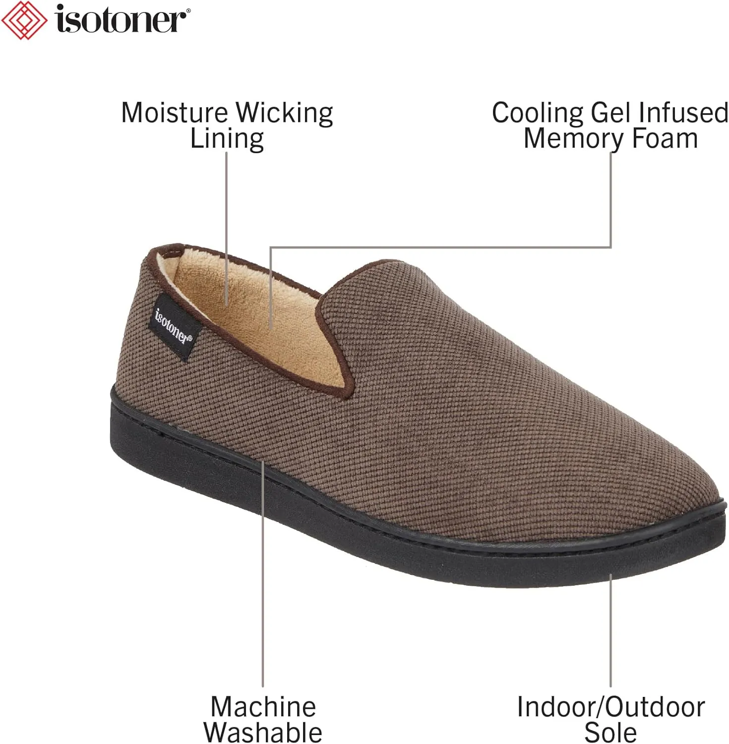 isotoner Men's Diamond Corduroy Slippers-Gel Memory Foam Moccasin, Washable, Moisture-Wicking Lining