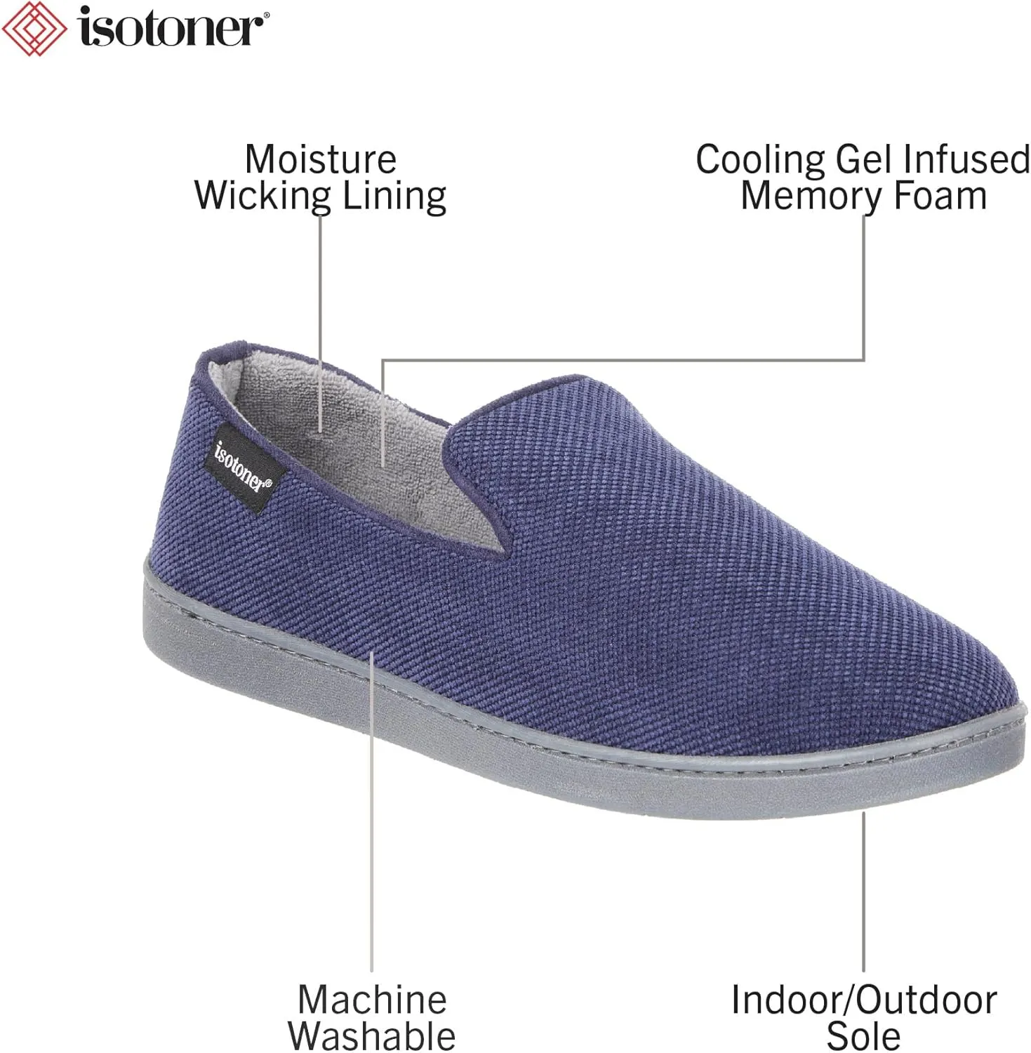 isotoner Men's Diamond Corduroy Slippers-Gel Memory Foam Moccasin, Washable, Moisture-Wicking Lining
