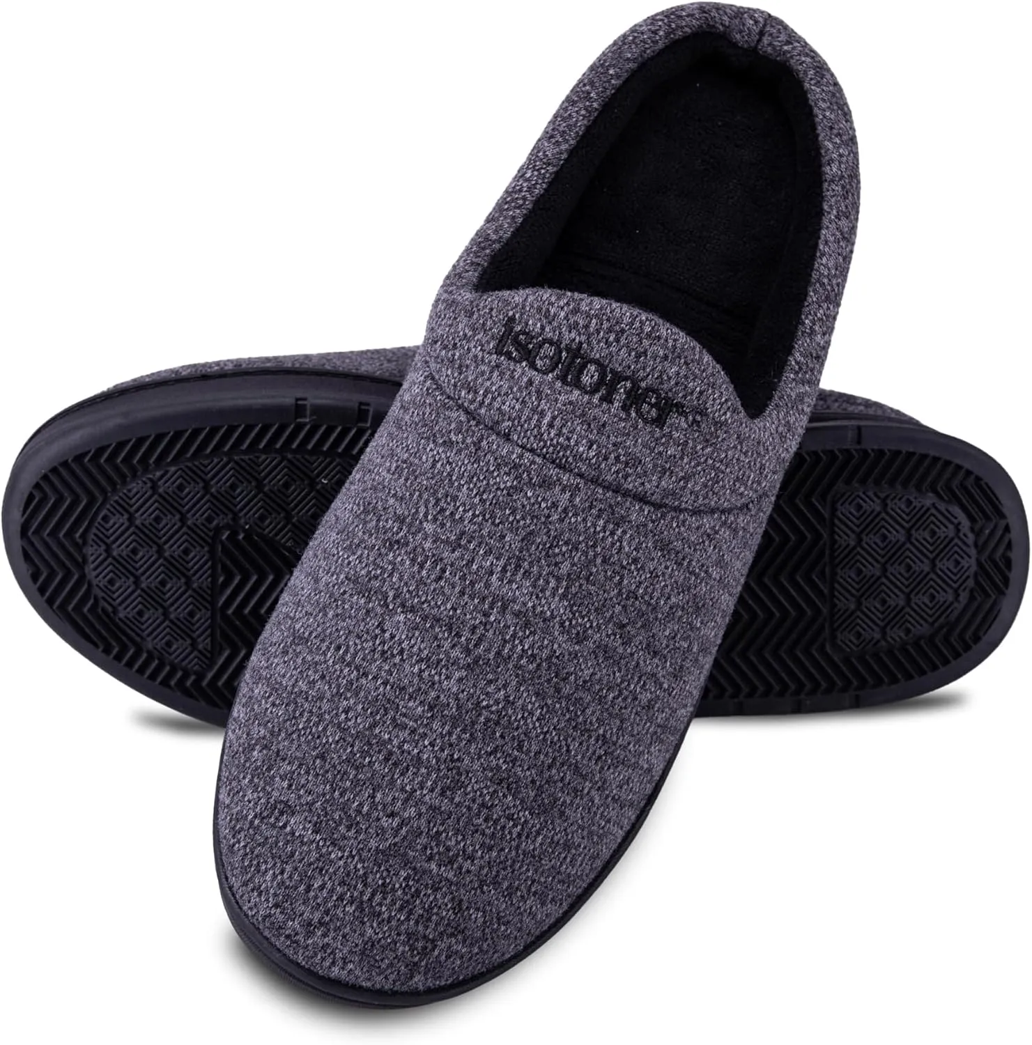 isotoner Men's Heathered Knit Brady Clog Slipper, Memory Foam, Enhanced Heel Cushion, Indoor/Outdoor Outsole
