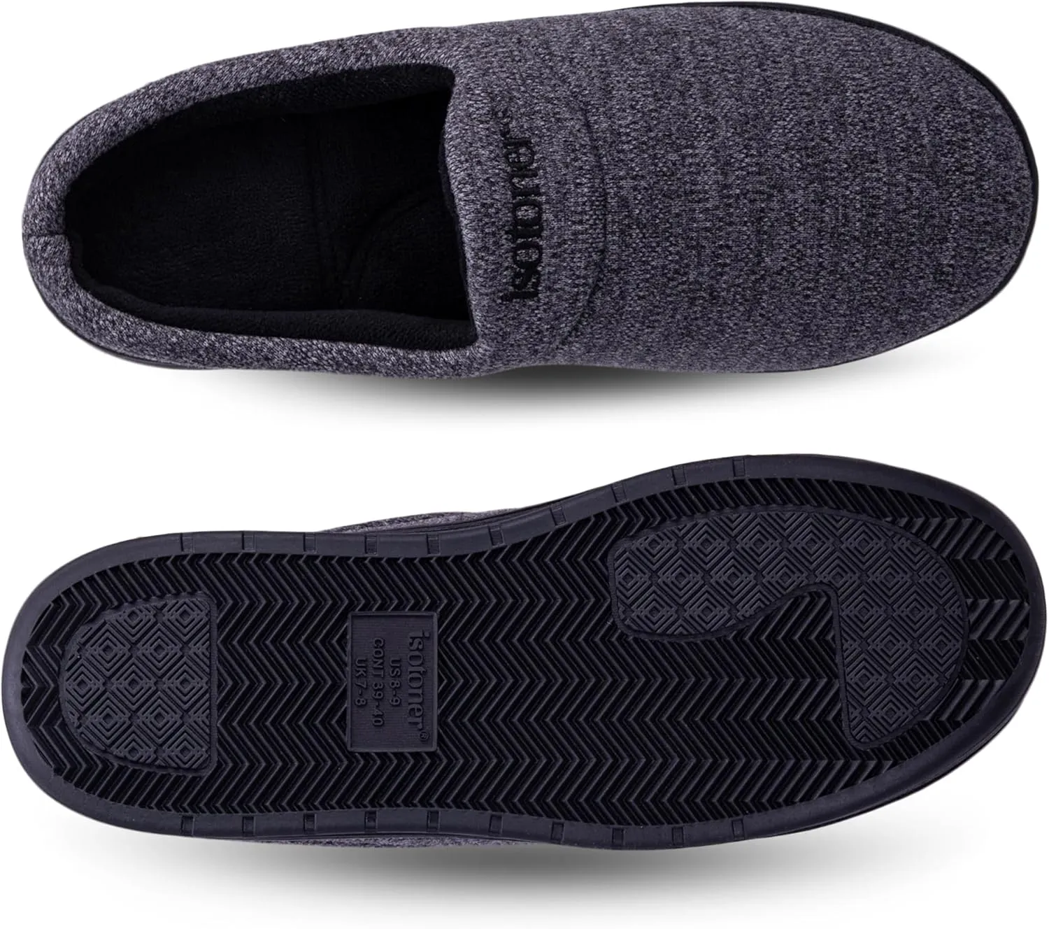 isotoner Men's Heathered Knit Brady Clog Slipper, Memory Foam, Enhanced Heel Cushion, Indoor/Outdoor Outsole