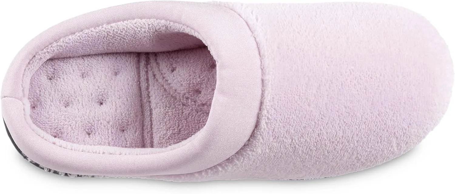 isotoner Women's Terry and Satin Slip on Cushioned Slipper with Memory Foam for Indoor/Outdoor Comfort Flat Sandals