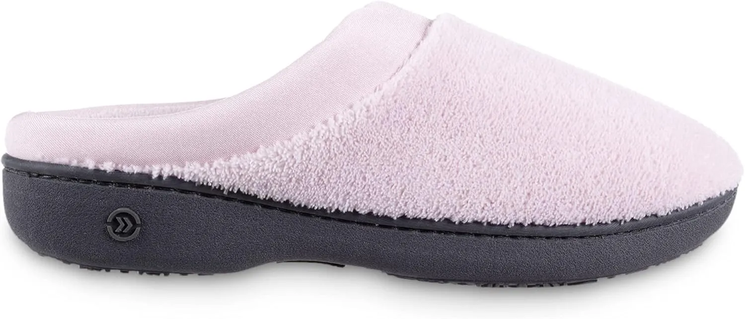 isotoner Women's Terry and Satin Slip on Cushioned Slipper with Memory Foam for Indoor/Outdoor Comfort Flat Sandals