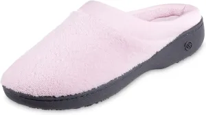 isotoner Women's Terry and Satin Slip on Cushioned Slipper with Memory Foam for Indoor/Outdoor Comfort Flat Sandals