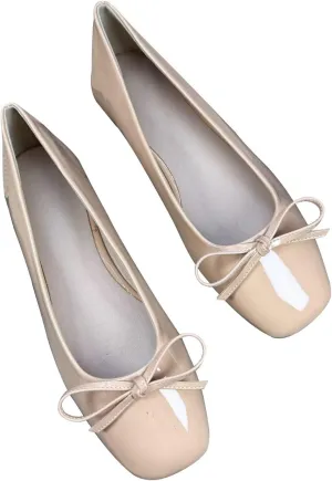 JiangWei Shu Women's Bow Knot Square Toe Ballet Flats Slip On Walking Wedding Soft Shoes