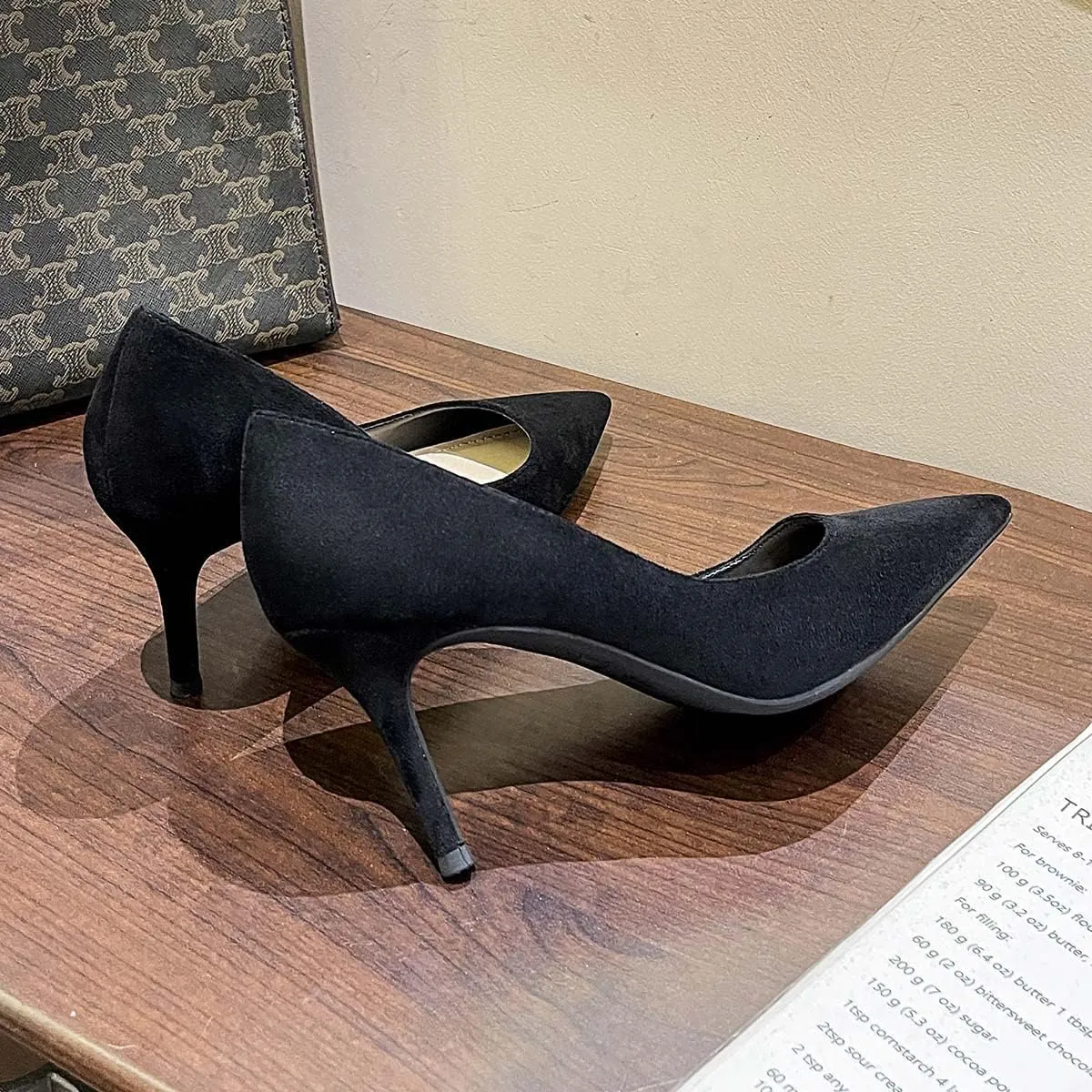 JOEupin Women's Pointed Toe Pumps Classic Suede Shoes Kitten Heel Slip On Dress Pumps 2.36 Inch