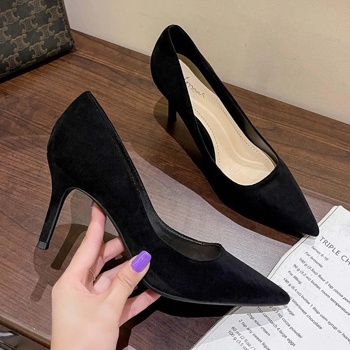 JOEupin Women's Pointed Toe Pumps Classic Suede Shoes Kitten Heel Slip On Dress Pumps 2.36 Inch