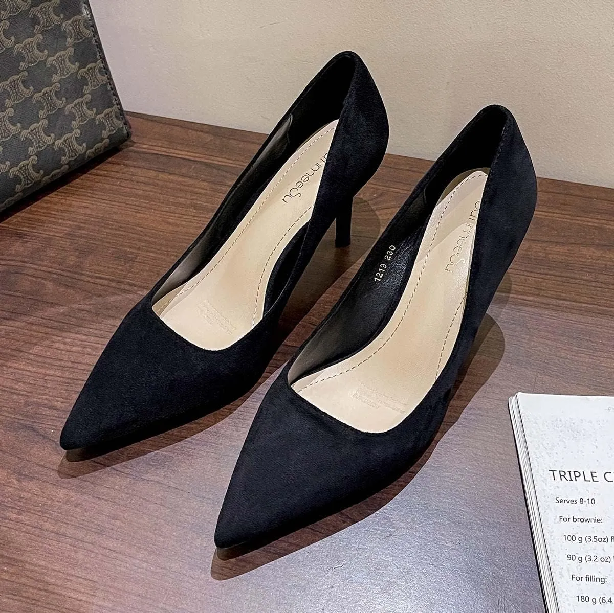 JOEupin Women's Pointed Toe Pumps Classic Suede Shoes Kitten Heel Slip On Dress Pumps 2.36 Inch