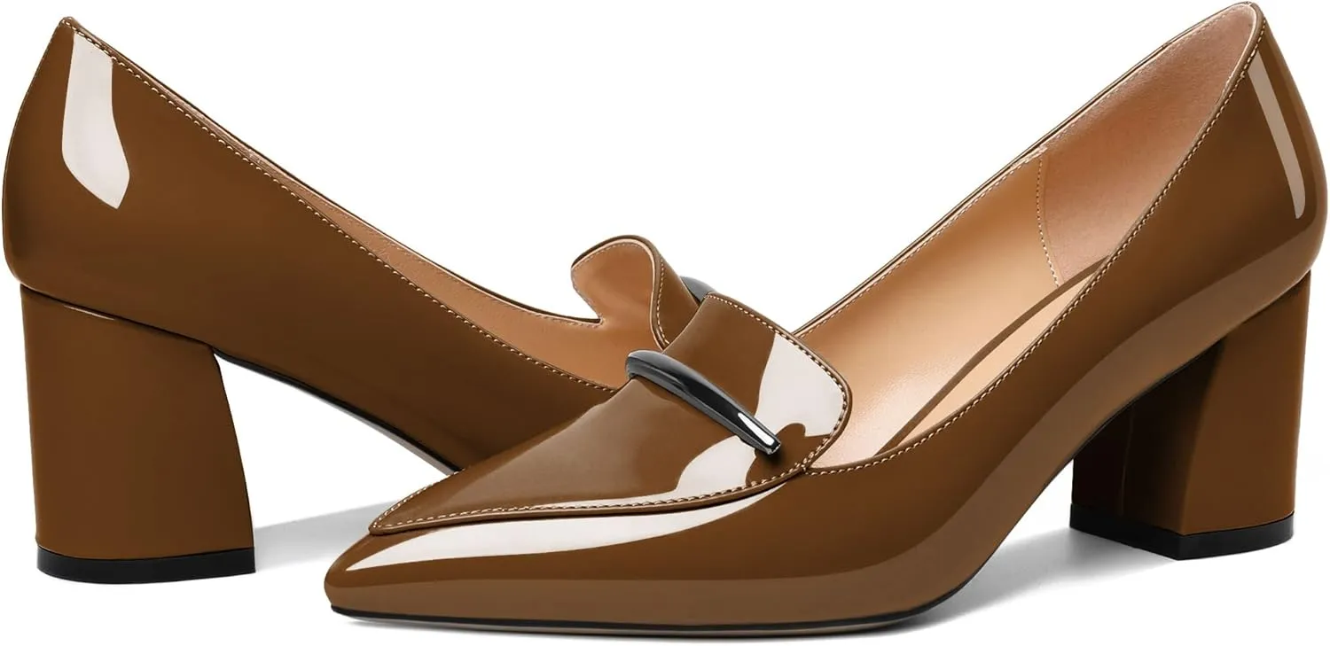 Joseywade Women's Block Heel Loafer Pumps with Trim Solid Patent Dress Shoes for Wedding Party Casual