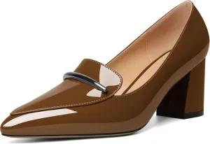 Joseywade Women's Block Heel Loafer Pumps with Trim Solid Patent Dress Shoes for Wedding Party Casual