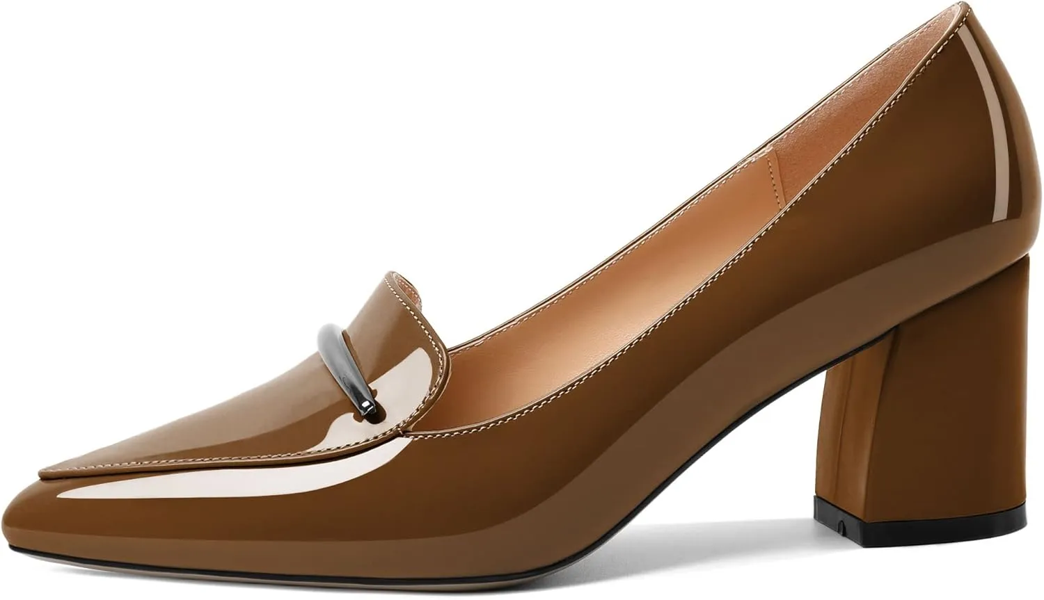 Joseywade Women's Block Heel Loafer Pumps with Trim Solid Patent Dress Shoes for Wedding Party Casual
