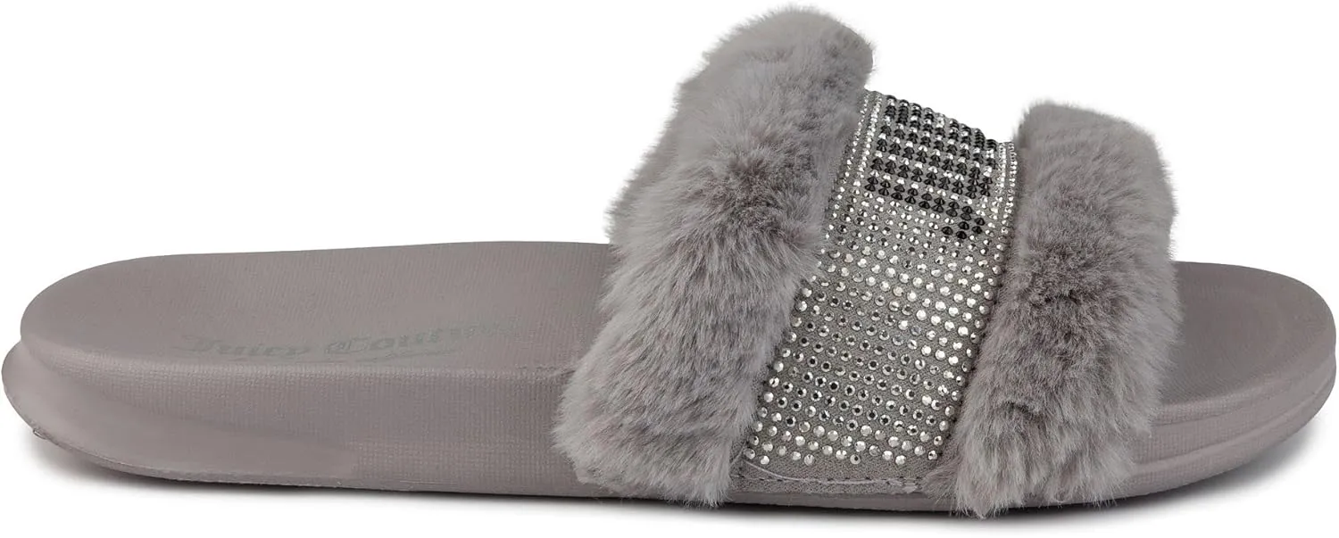 Juicy Couture Women's Fashionable Faux Fur Slide Sandals, Cozy Slip-On with EVA Sole for Indoor & Outdoor Slip-On
